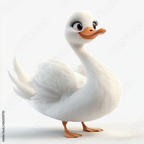 a cute white cartoon duck with big eyes, long eyelashes, orange beak and feet standing in a confident and cheerful pose against a white background