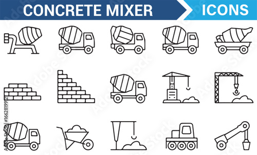 Construction Machinery and Concrete Mixer Icons Set for Industrial Use