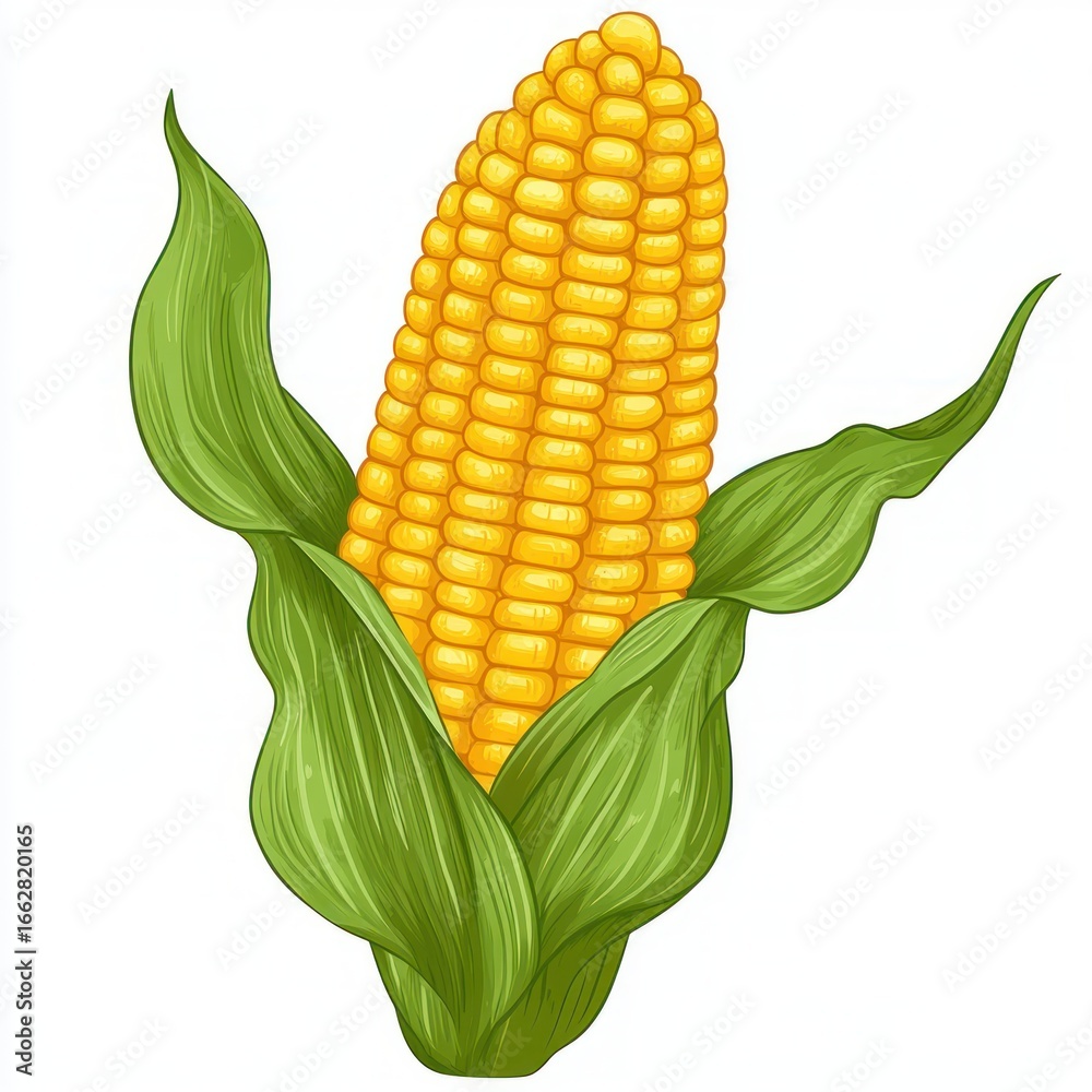 Obraz premium Illustration of a ripe yellow corn cob partially wrapped in fresh green husk leaves on a white background