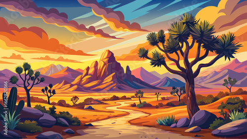 Scenic view of Joshua Tree and the vast desert landscape of Joshua Tree National Park during a colorful sunset, dramatic sky with warm golden and orange tones, iconic desert vegetation, rocky terrain
