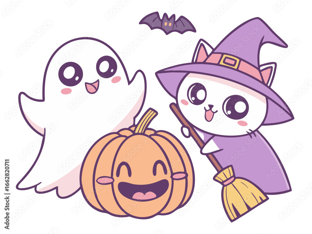 Fototapeta premium Cute Kawaii Halloween Characters Vector Set