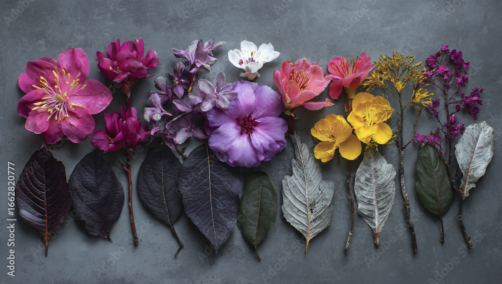 Fototapeta premium Vibrant assortment of exotic flowers and dark foliage arranged in a colorful row