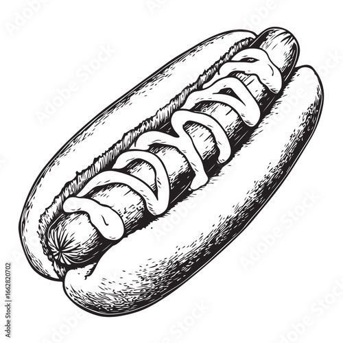 Hot dog with mustard and relish woodcut engraving vector illustration
