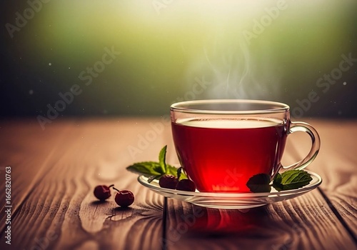 A glass cup of red tea with cherries and mint leaves