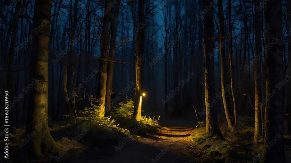 Fototapeta premium forest at night, Dark forest trail at night with glowing yellow eyes peering from the trees