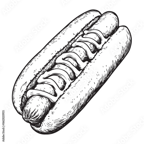 Hot dog with mustard and relish woodcut engraving vector illustration
