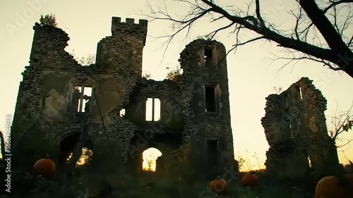 Ruined castle sunset silhouette