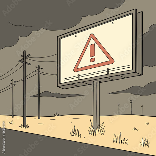 Warning Sign Billboard in a Desert Landscape Under a Stormy Sky