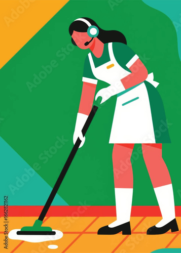 modern geometric woman wearing headset mopping floor Illustrator Artwork design template poster