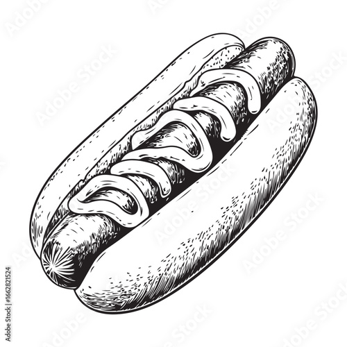 Hot dog with mustard and relish woodcut engraving vector illustration
