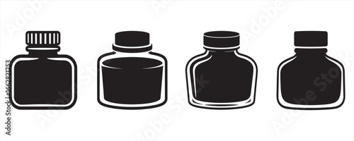 Black and White Icon Set Featuring Retro Style Ink Bottles Ideal for Design and Creative Projects