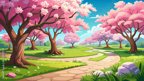 Beautiful springtime park filled with blooming cherry blossom trees, pink petals covering the ground, fresh green grass, walking paths, and a bright clear sky