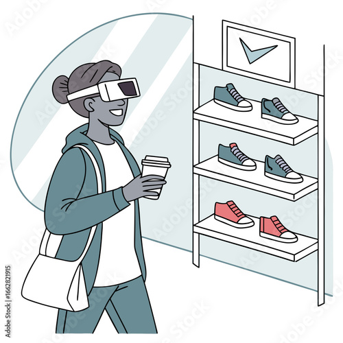 Woman Using VR Glasses to Shop for Shoes in Retail Store