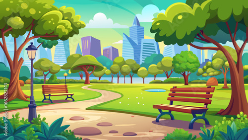 Cartoon parallax background of a vibrant city park at early morning, featuring benches, walking paths, green grass, and leafy trees, with separated vector layers for 2D side-scrolling game design