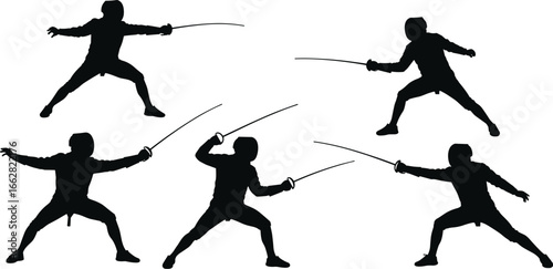  Fencer Silhouette Vector Collection, Digital Art of Fencing Athletes, Sport and Competition Illustrations, Sword Fighting Figures, Fencing Sword and Mask Graphics, Sportive Silhouettes, Fencing Team 