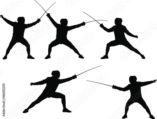  Fencer Silhouette Vector Collection, Digital Art of Fencing Athletes, Sport and Competition Illustrations, Sword Fighting Figures, Fencing Sword and Mask  Sportive Silhouettes, Fencing Team Doodles.