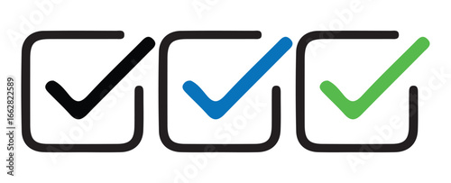 Verification Icons with Black Blue and Green Ticks. Vector illustration 
