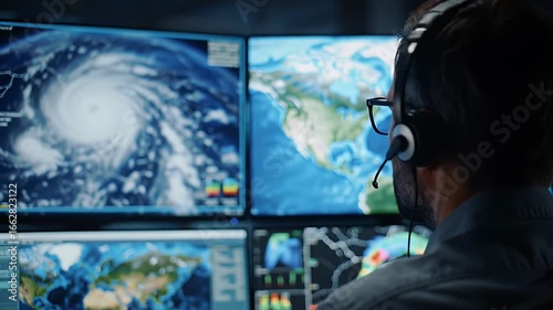 Meteorologist Monitors Hurricane Systems And Forecasts On Multiple Displays In A Dark Office Environment With Satellite