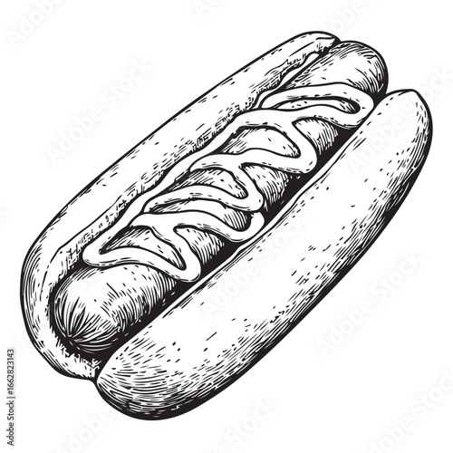 Hot dog with mustard and relish woodcut engraving vector illustration
