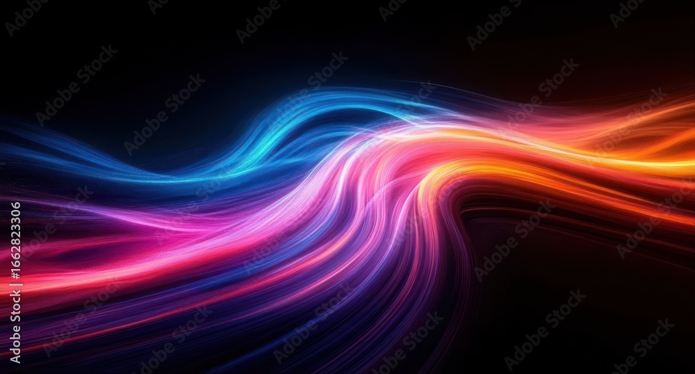 Obraz premium Dynamic flowing light streaks in vibrant blue, pink, purple, and orange colors against a dark background creating a sense of motion and energy