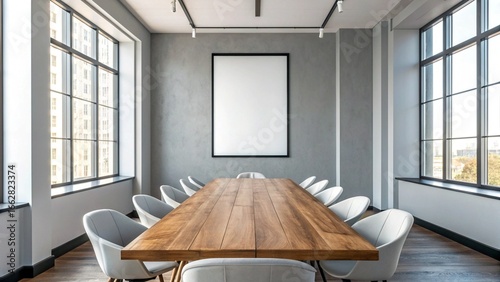 Conference Room Wall Poster Mockup with Minimal Design, Conference Room Interior with Empty Poster Frame for Branding