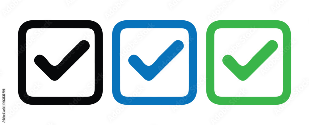 Black Blue and Green Check Marks in Boxes. Vector illustration Black Blue and Green Check Marks in Boxes. Vector illustration