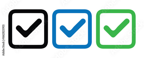 Black Blue and Green Check Marks in Boxes. Vector illustration 