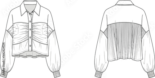 Fashion blouse flat sketch, CAD technical drawing, pleated back shirt design, puff sleeve crop top illustration, women garment vector template