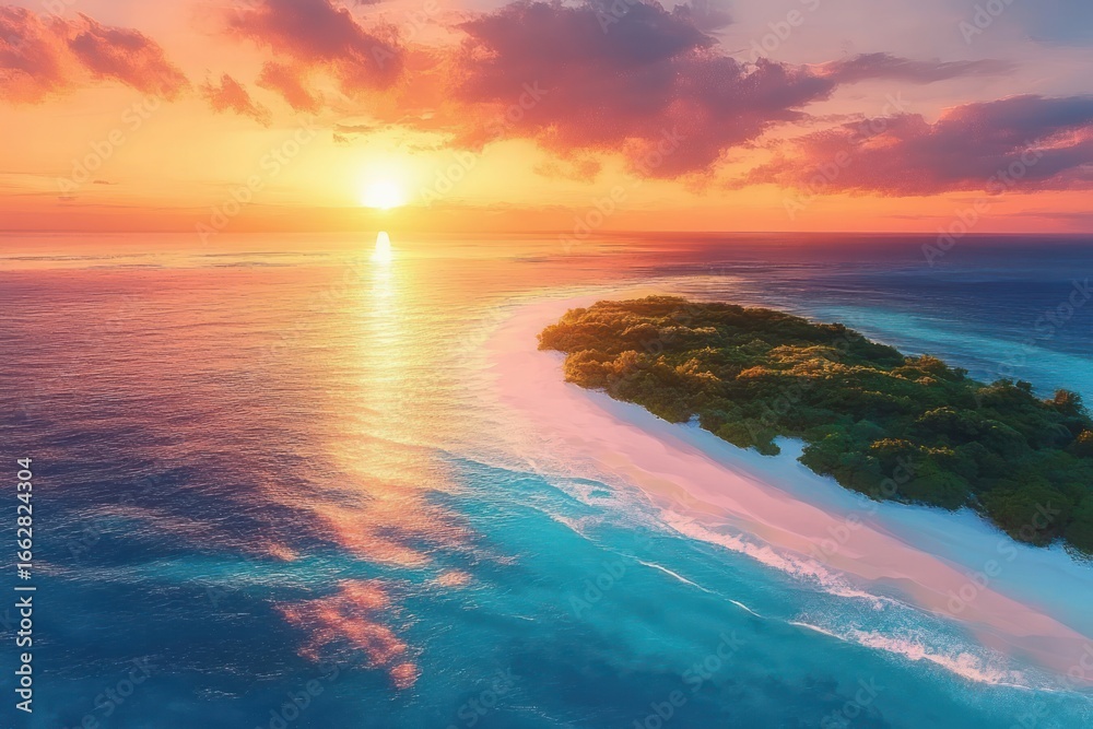 Fototapeta premium Bright orange and pink sunset over a small tropical island with lush green trees and white sandy beach surrounded by calm blue ocean waters