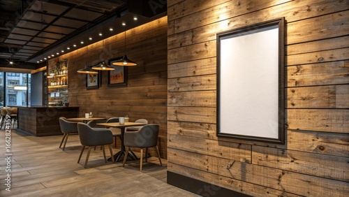 Modern Coffee Shop Poster Mockup with Wooden Wall and Warm Lighting, Cozy Cafe Interior with Blank Poster on Wall