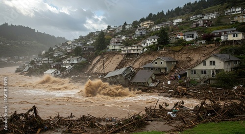 Devastating coastal floodwaters relentlessly erode hillside homes, causing catastrophic destruction and widespread debris as powerful waves surge ashore.