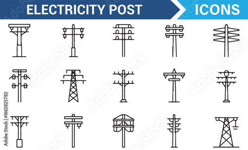 Thin Line Icons of Electrical Infrastructure and Power Distribution