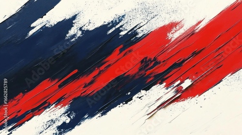 Abstract painting with dynamic diagonal brushstrokes in navy blue and bright red on a white background, conveying energy and motion