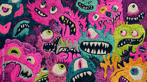 カラフルな刺繍のモンスターたち