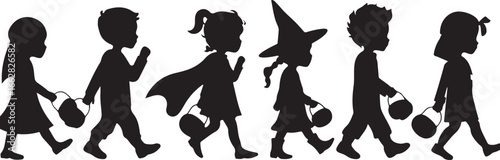 Six children silhouettes walking with trick or treat buckets kids