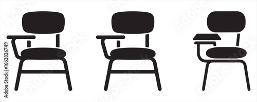 Silhouette illustration of study chairs for students learning and attending lectures in classrooms with attached armrests for writing support and ergonomic design