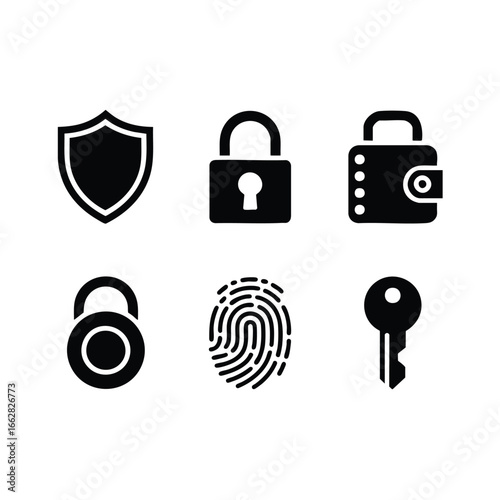 Crypto security icon set, 6 icons shield, closed padlock, hardware wallet, fingerprint, key. Chunky, solid black style. Isolated vector elements.