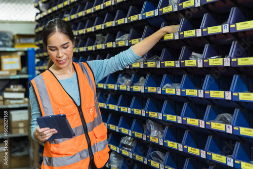 Happy woman worker engineer technician staff work in factory products inventory parts storage room