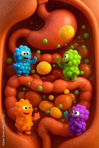 Inside View of the Digestive System: An educational illustration depicting the colorful interior of the human digestive system.
