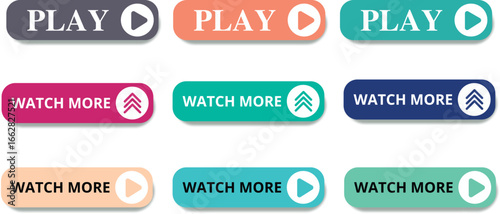 Set of play and watch more buttons. play and watch more button for website design. Call for action buttons. Modern colorful buttons collection. Vector illustration.