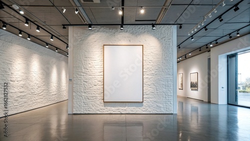 Art Gallery Poster Mockup with Elegant Lighting on White Wall, Blank Poster Frame on Modern Wall with Soft Lighting