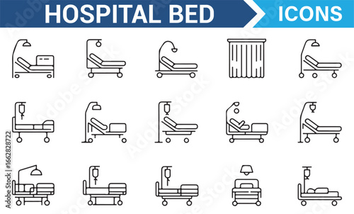 Hospital Treatment Room and Patient Bed Icon Set for Medical Graphics