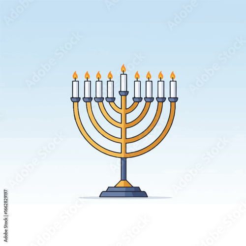 A minimalist vector illustration portrays an elegant menorah with subtle 3D depth, clean lines, solid colors, and softly glowing candles, set on a blue gradient on a white canvas.