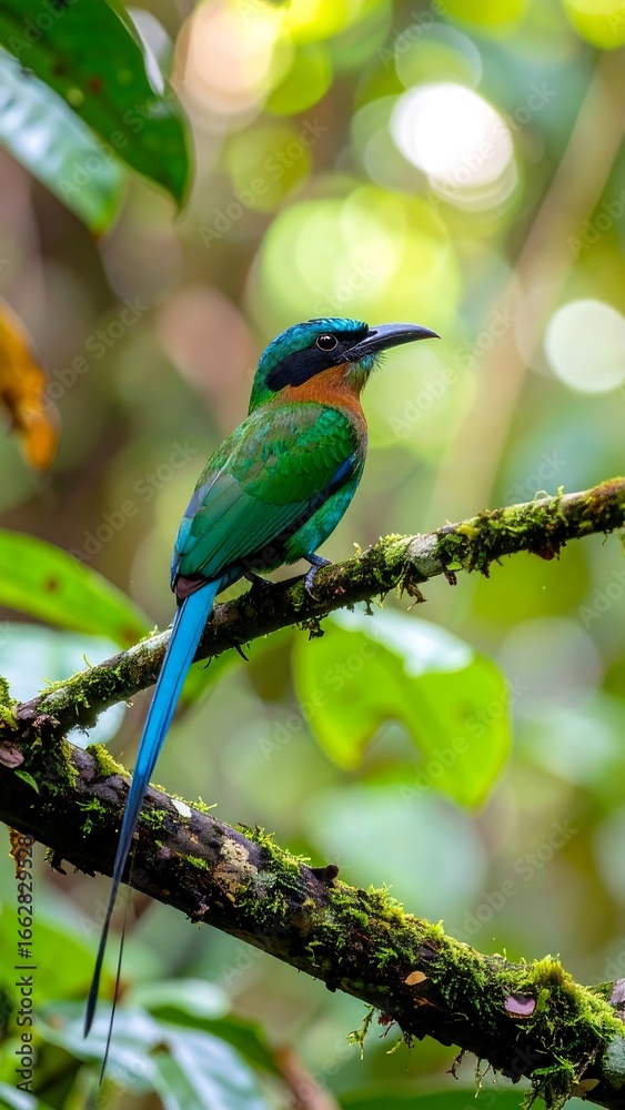 Naklejka premium Colorful bird perched on branch in lush forest