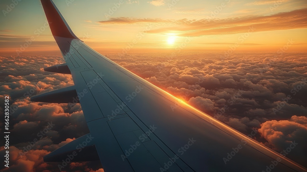Obraz premium View of an airplane wing flying above fluffy clouds with a vibrant orange and yellow sunset in the sky, evoking a peaceful and awe-inspiring atmosphere