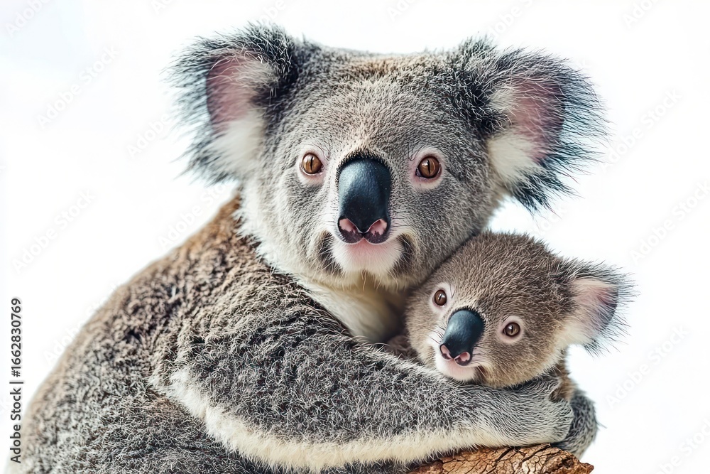 Naklejka premium close-up of adult koala hugging baby koala showing affection and protection with soft fur and gentle expressions