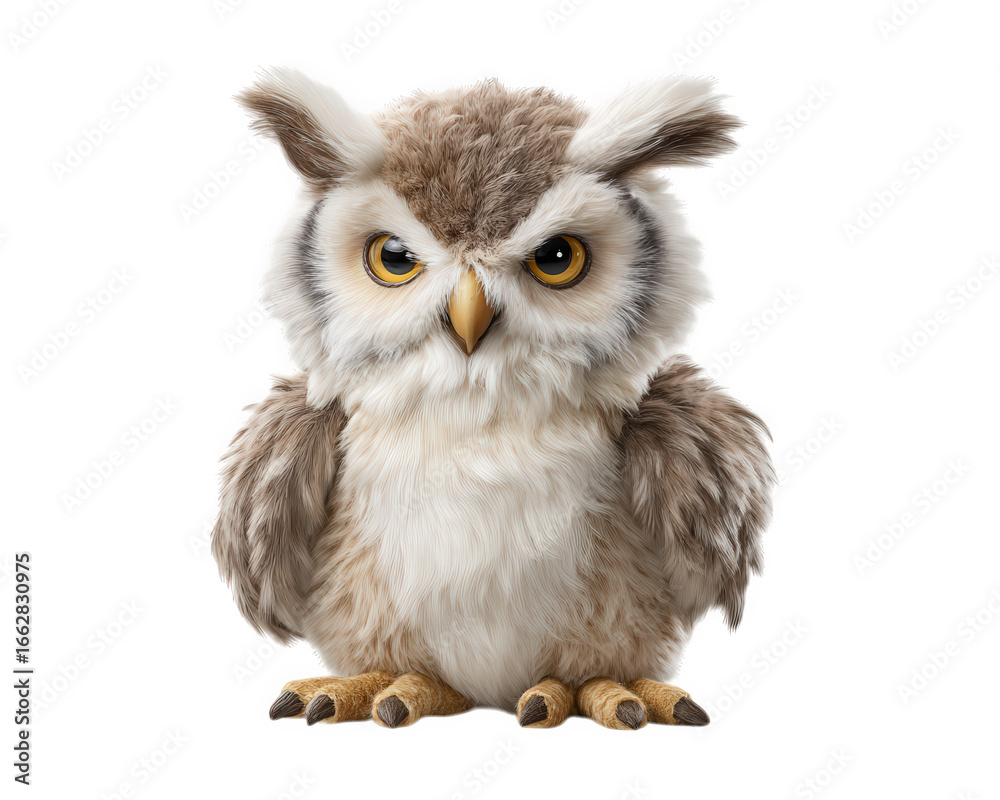 Naklejka premium Realistic owl plush toy with soft brown and white fur, large yellow eyes, and detailed feathers, sitting upright and looking curious, perfect for children or collectors