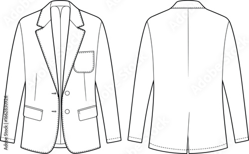 Classic blazer fashion flat sketch, men’s jacket technical drawing, vector clothing design template, tailored coat outline, fashion illustration, garment CAD