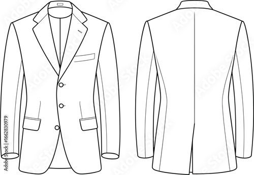 Classic men’s blazer fashion flat sketch, suit jacket technical drawing template, tailored coat vector outline, apparel CAD design, clothing illustration
