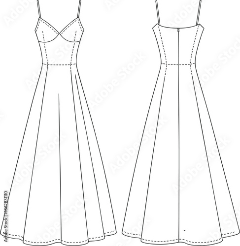 Elegant women’s evening gown fashion flat sketch, sleeveless spaghetti strap dress design, long maxi dress vector template, apparel technical illustration